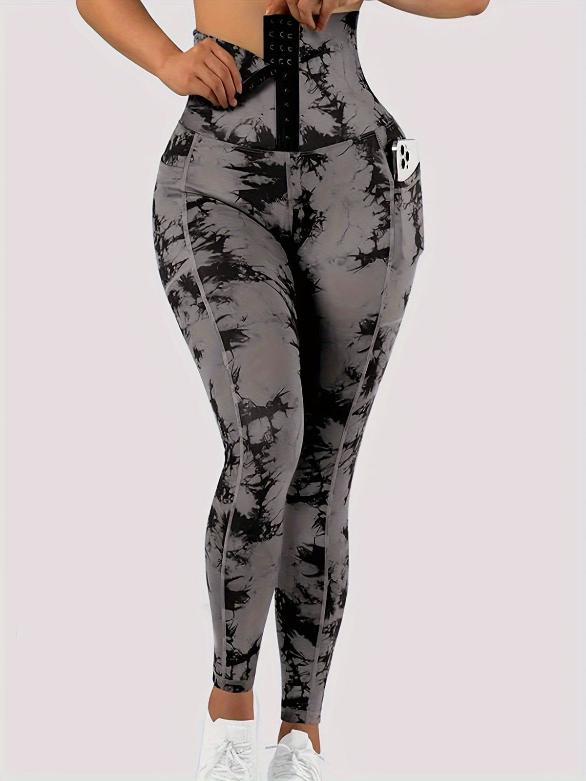 Leggings de yoga pour femmes Dropshipman, taille haute, motif tie-dye, contrôle du ventre, poches latérales et boutons, look sexy.