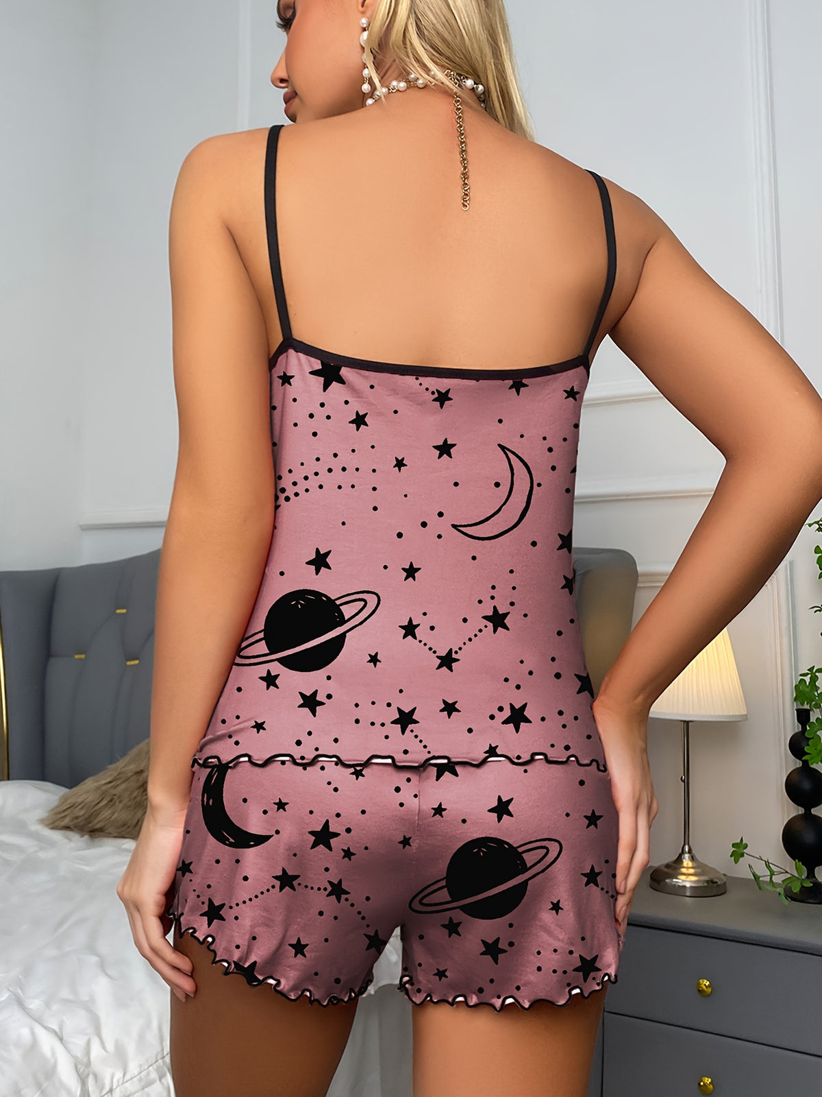 Ensemble tank top rouge avec étoile et lune et short assorti, vêtements décontractés pour femmes, Dropshipman