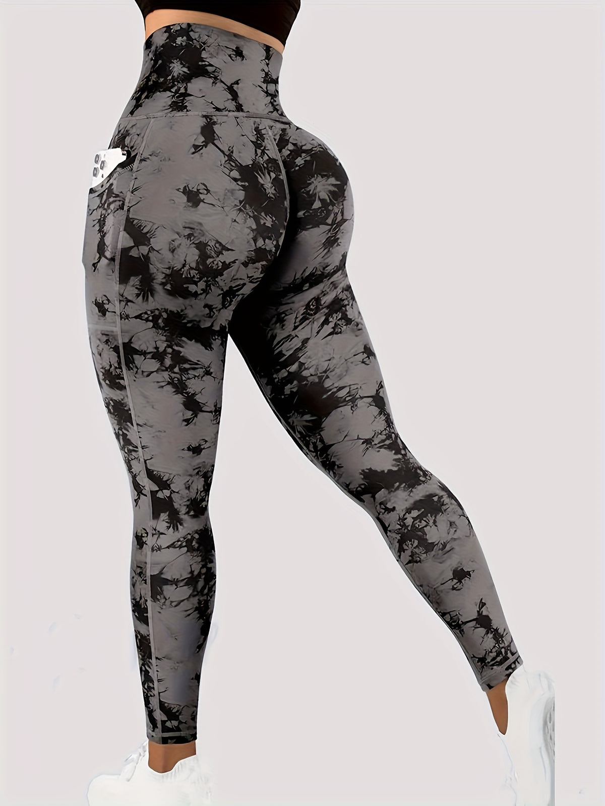 Leggings de yoga pour femmes Dropshipman, taille haute à motif tie-dye, contrôle du ventre, poches, boutons et style sexy.